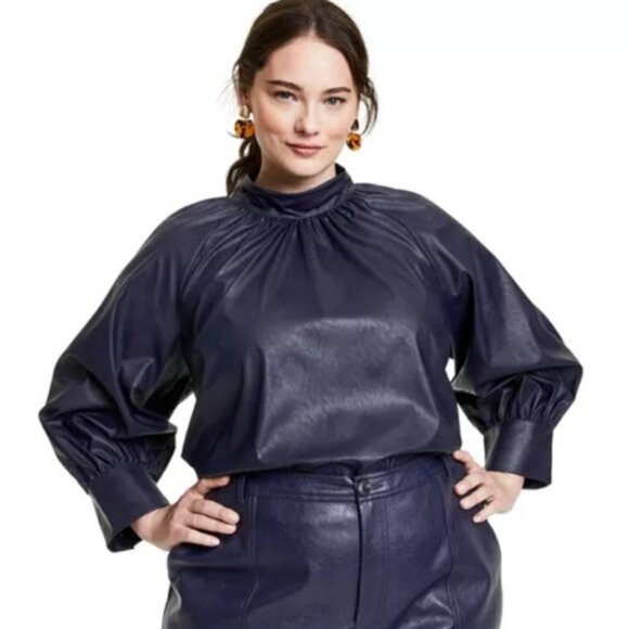 Rachel Comey x Target Navy Long Sleeve Faux Leather Tie Back Top - Picture 1 of 3